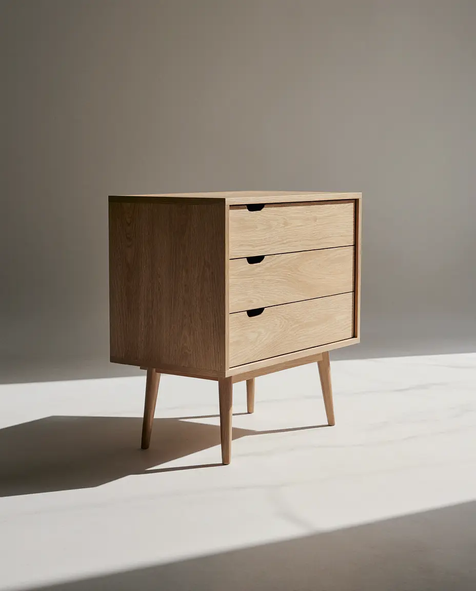 Concept rendering of a compact natural-oak drawer cabinet