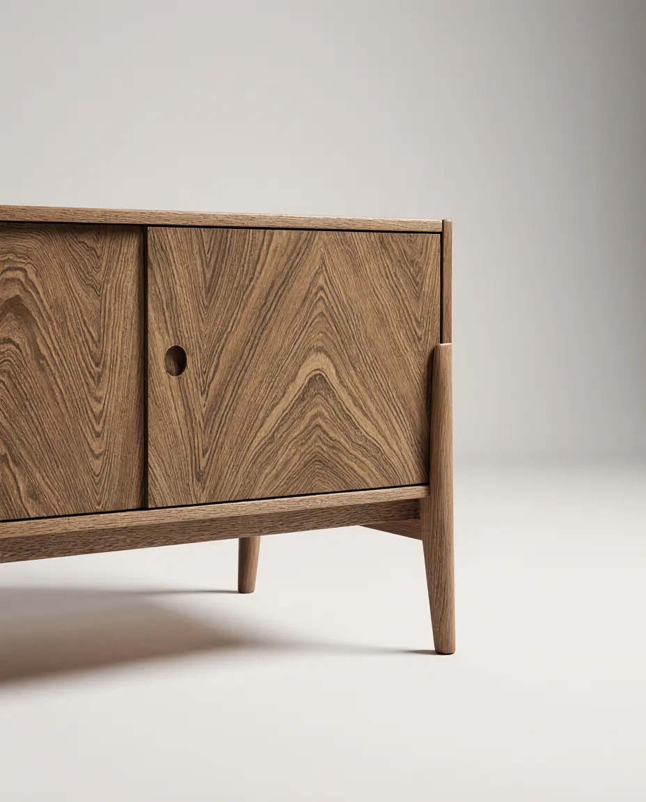 Concept detail showing continuous oak grain across cabinet doors