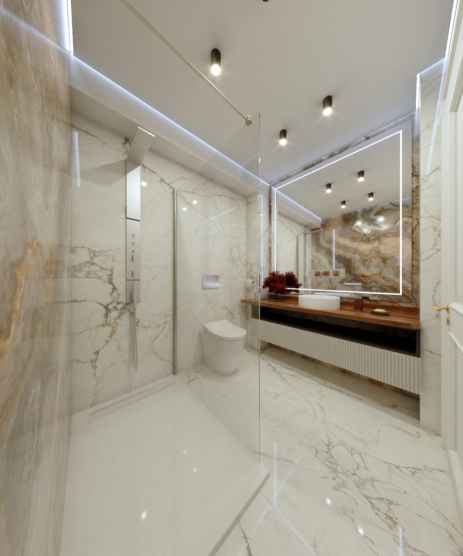 Bathroom with pale stone and illuminated mirrors