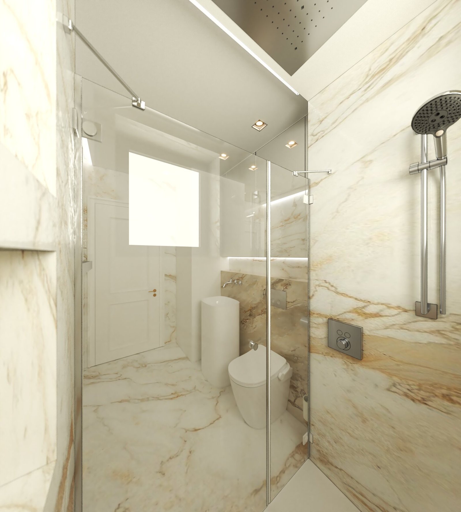 Bright bathroom with large-format stone surfaces