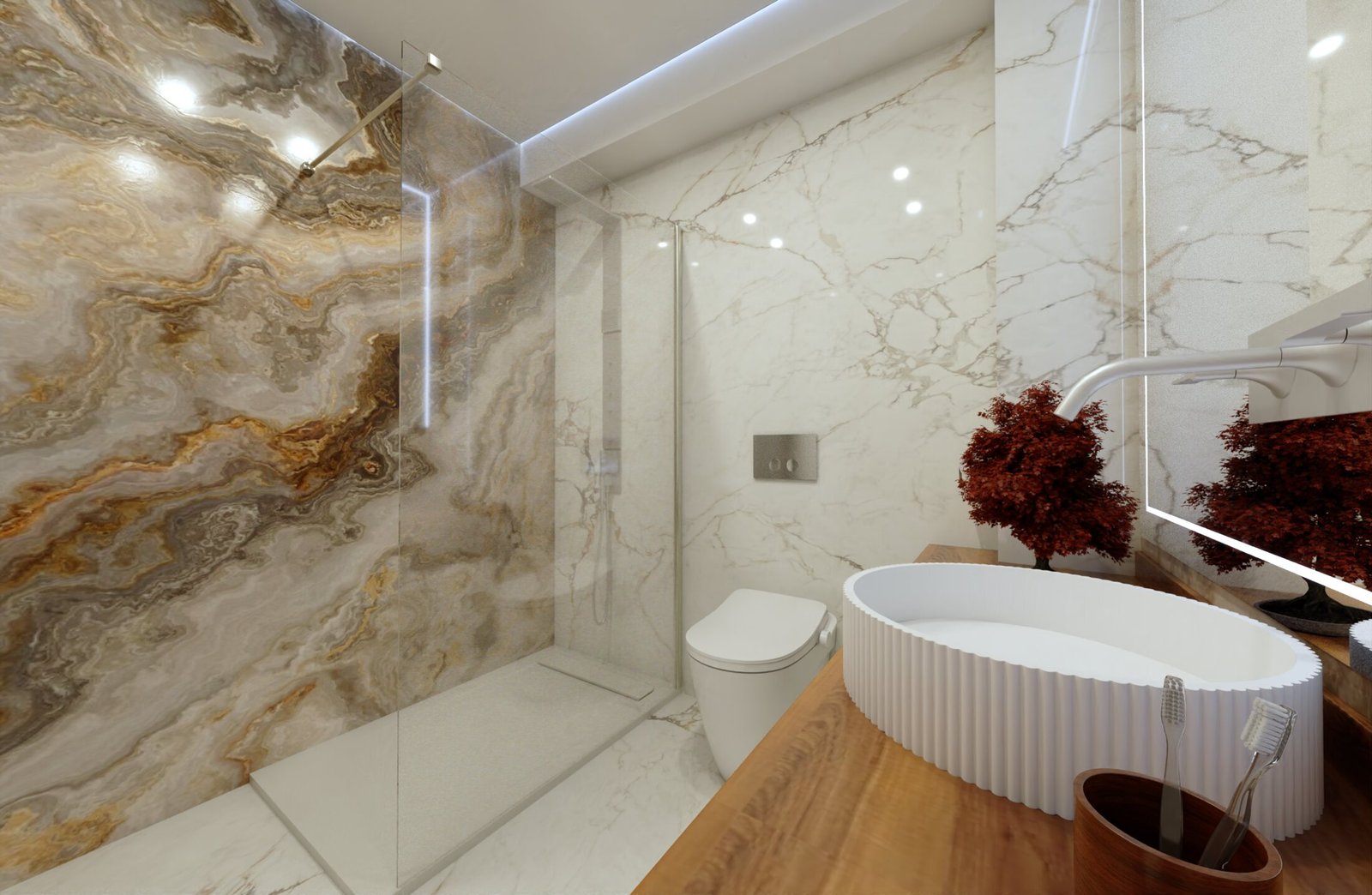 Bathroom with expressive stone wall and freestanding bath