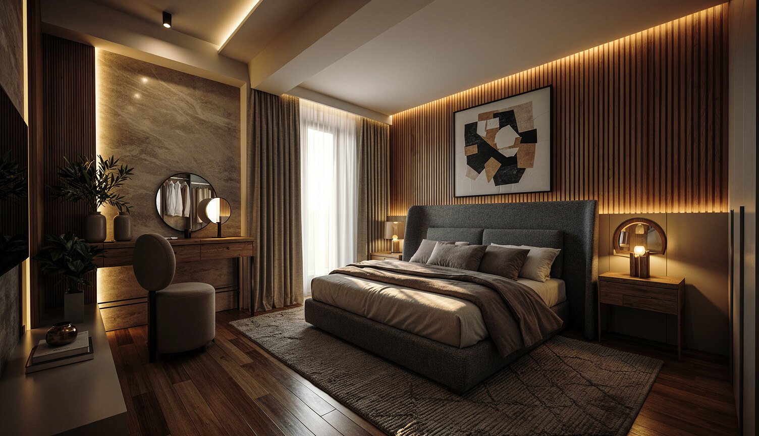Warm bedroom with timber wall and integrated lighting