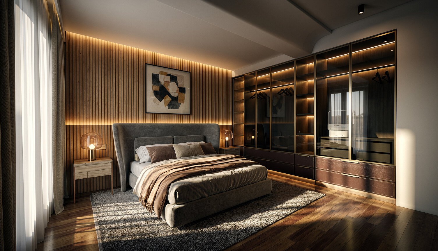 Bedroom with bespoke wardrobe and layered lighting