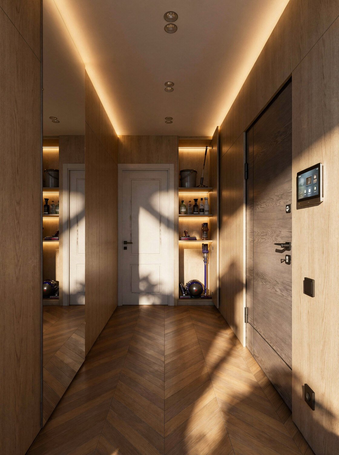 Apartment entrance hall with chevron floor and integrated lighting