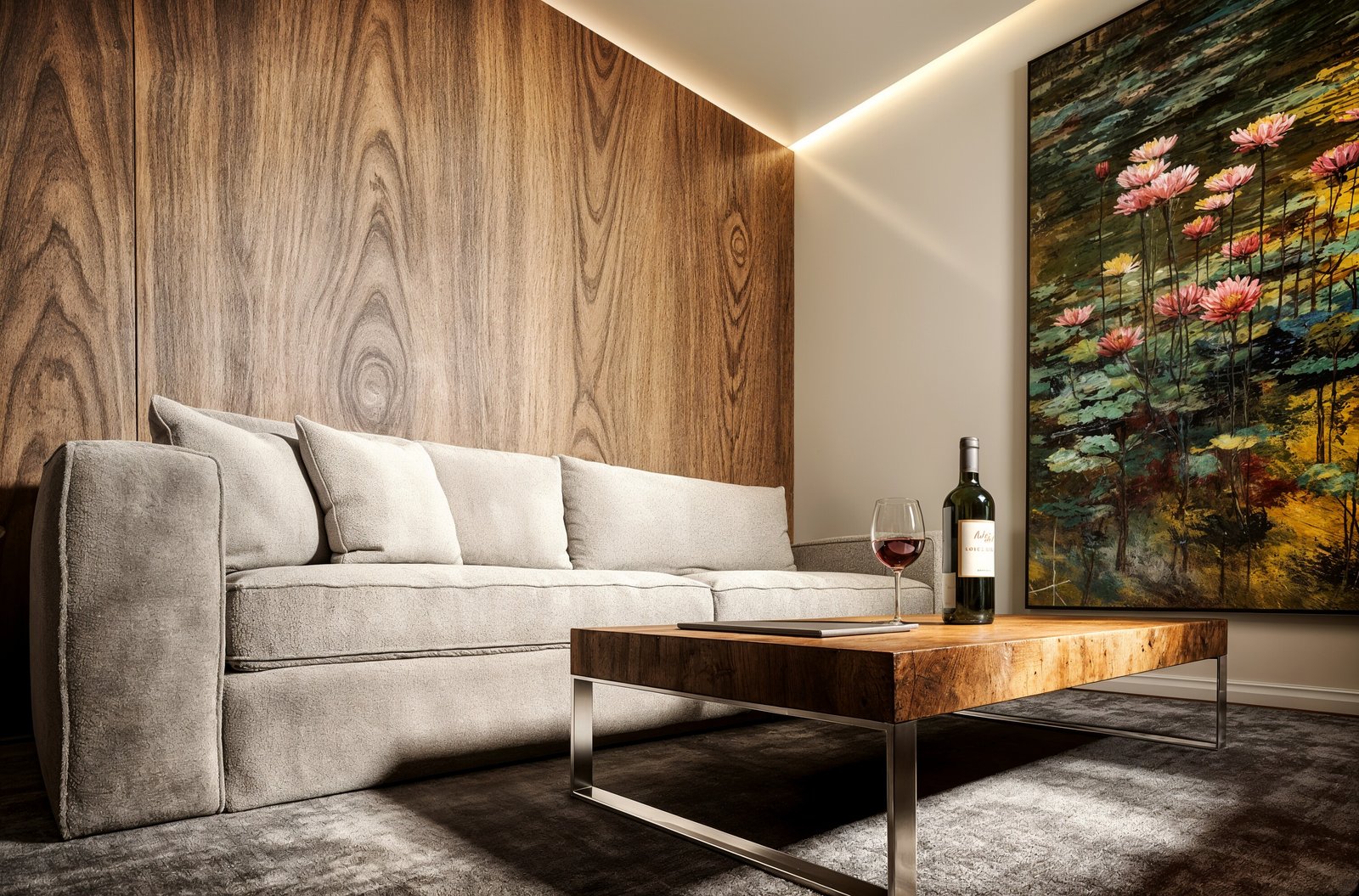 Intimate sitting and study room with art and timber surfaces