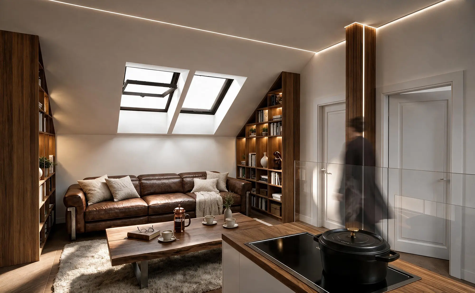 Attic living room with library and suspended fireplace