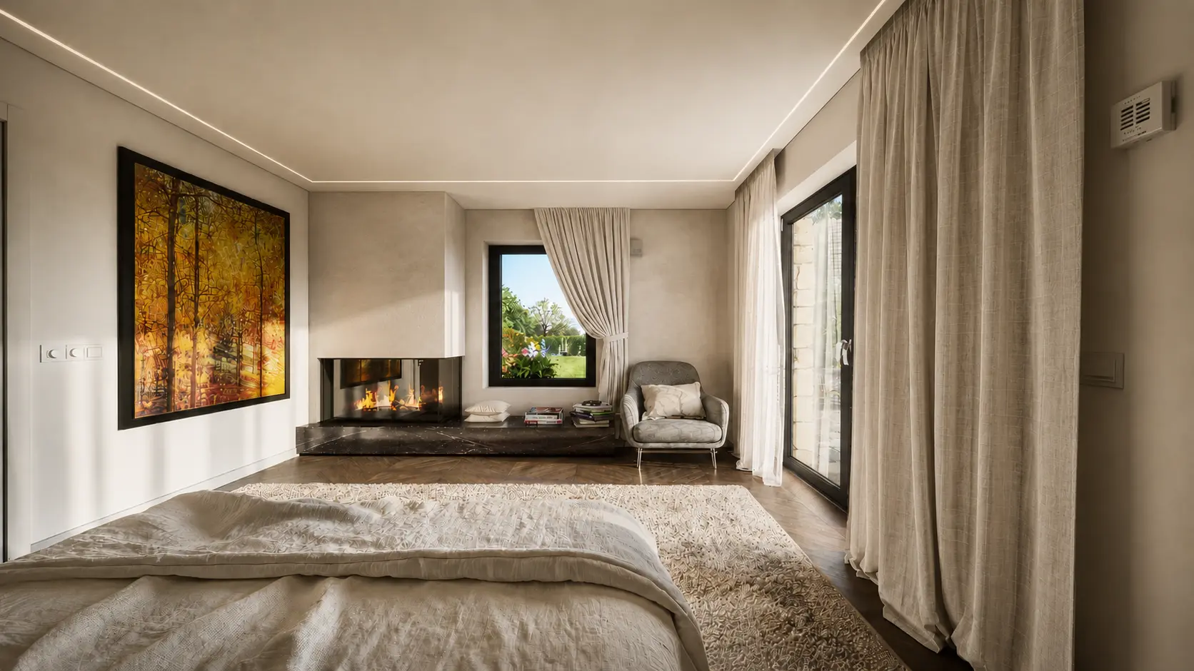 Bedroom with fireplace and layered textiles