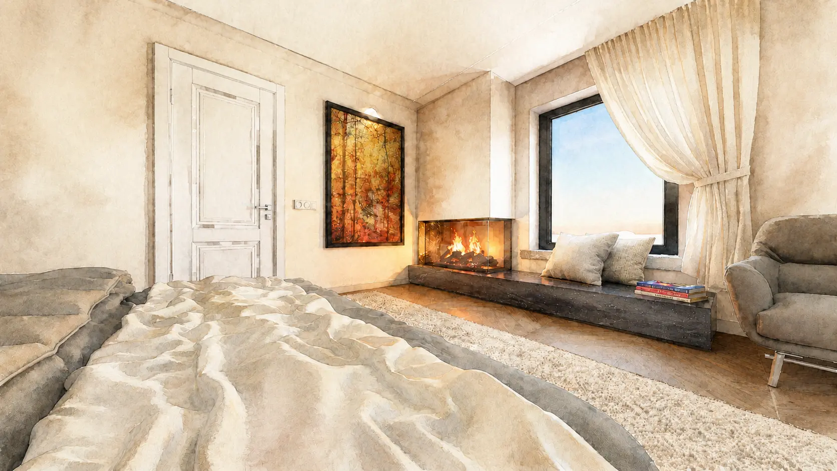 Bedroom with integrated fireplace and garden view