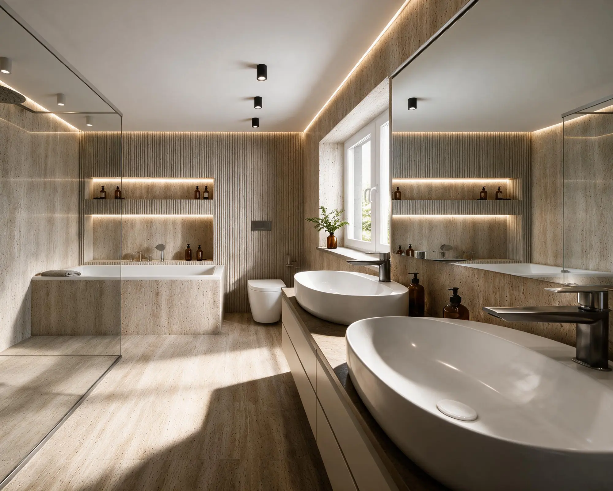 Principal bathroom with freestanding bath and integrated mirrors