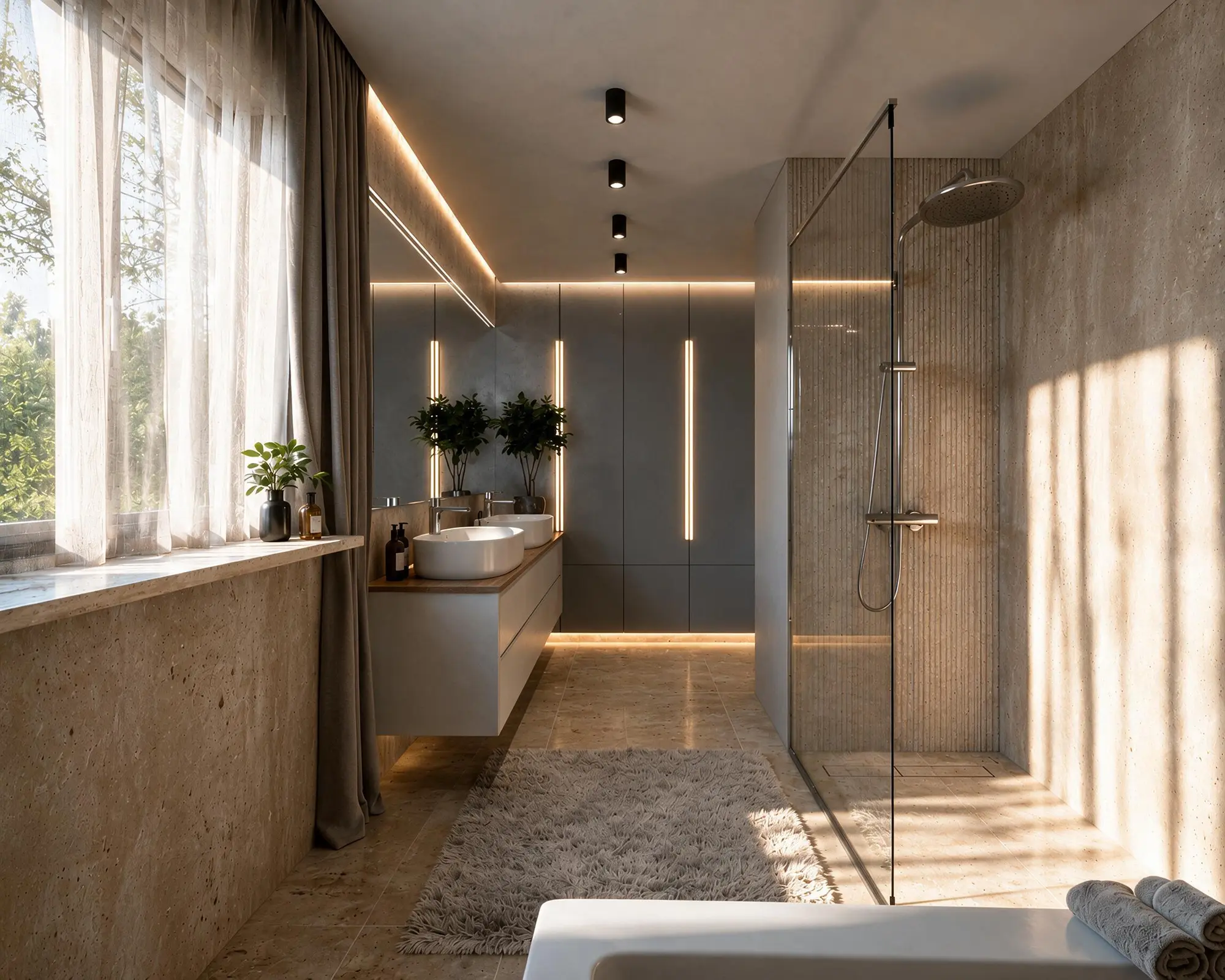 Long bathroom with walk-in shower