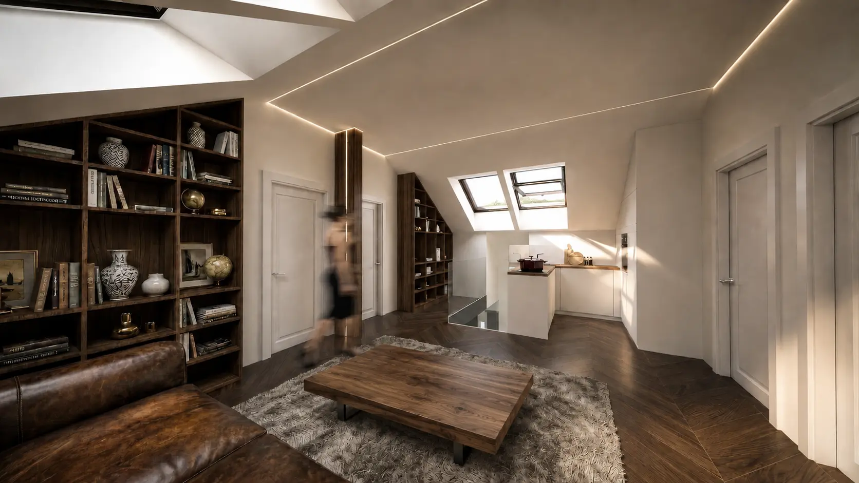 Upper lounge beneath a pitched roof
