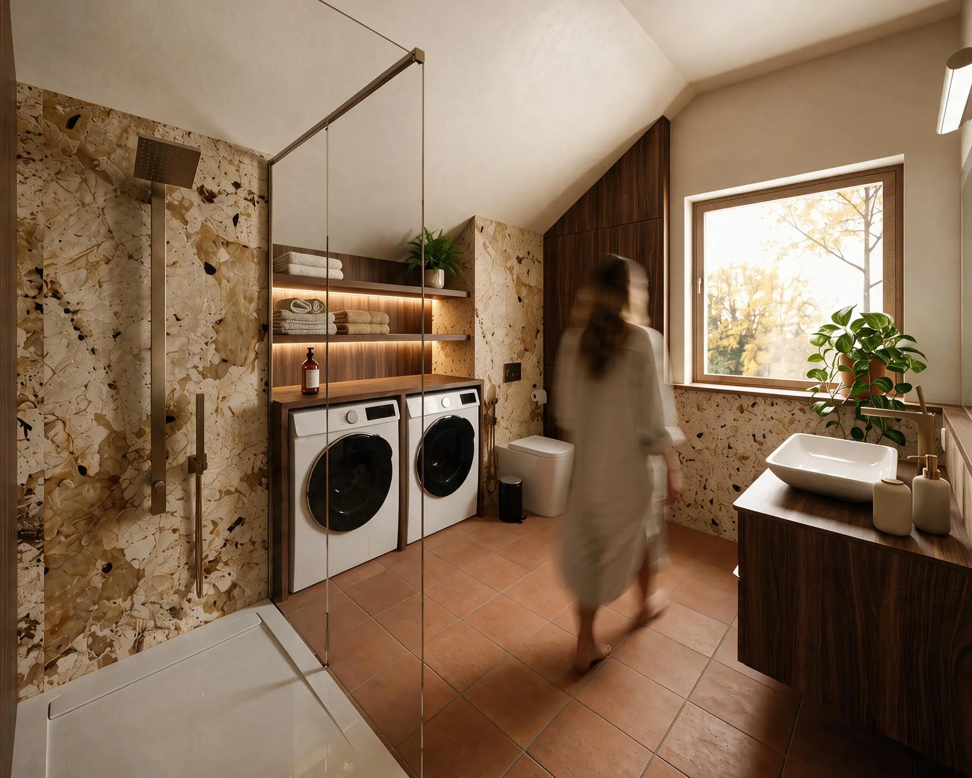 Utility bathroom with integrated laundry