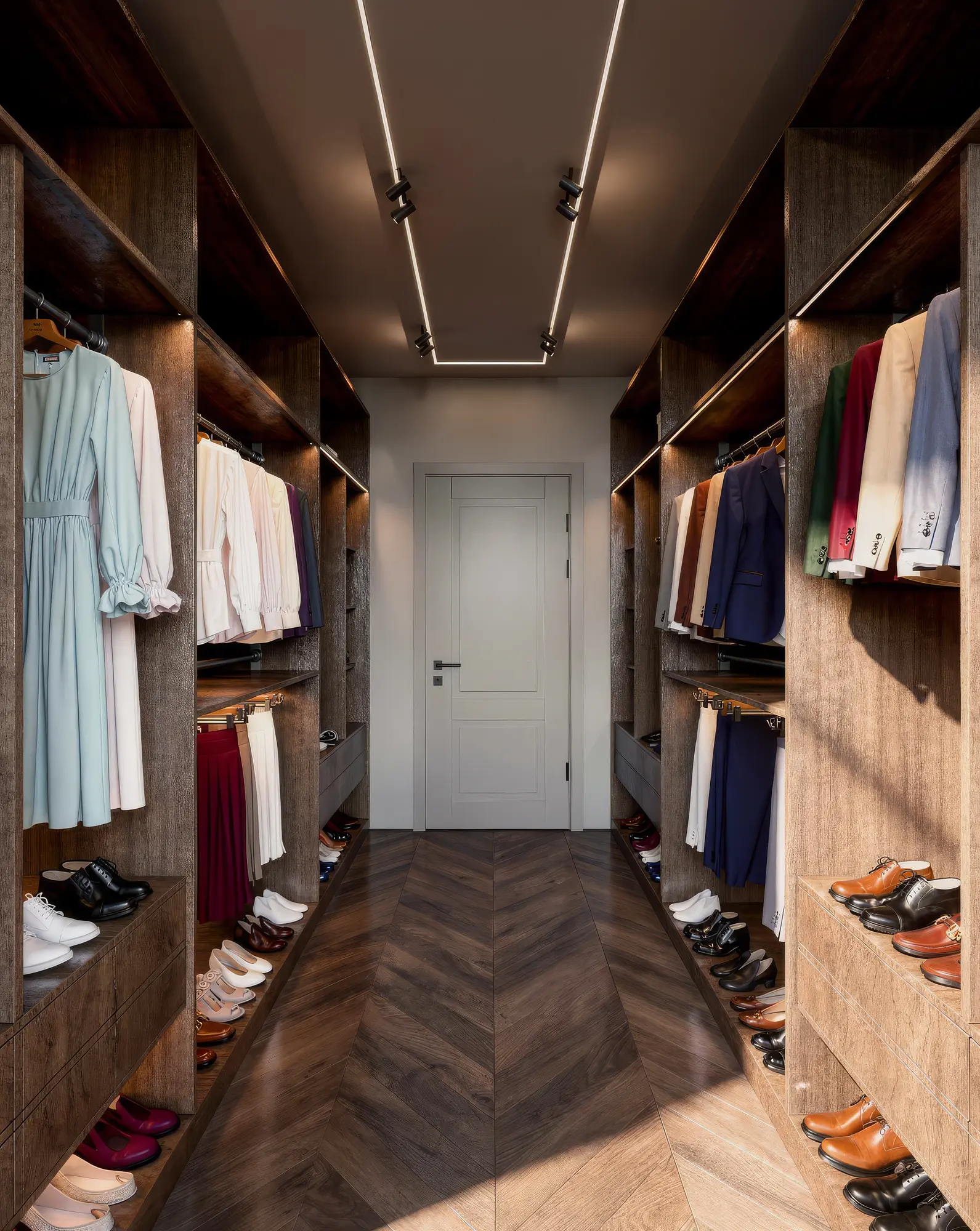 Walk-in wardrobe with full-height timber joinery