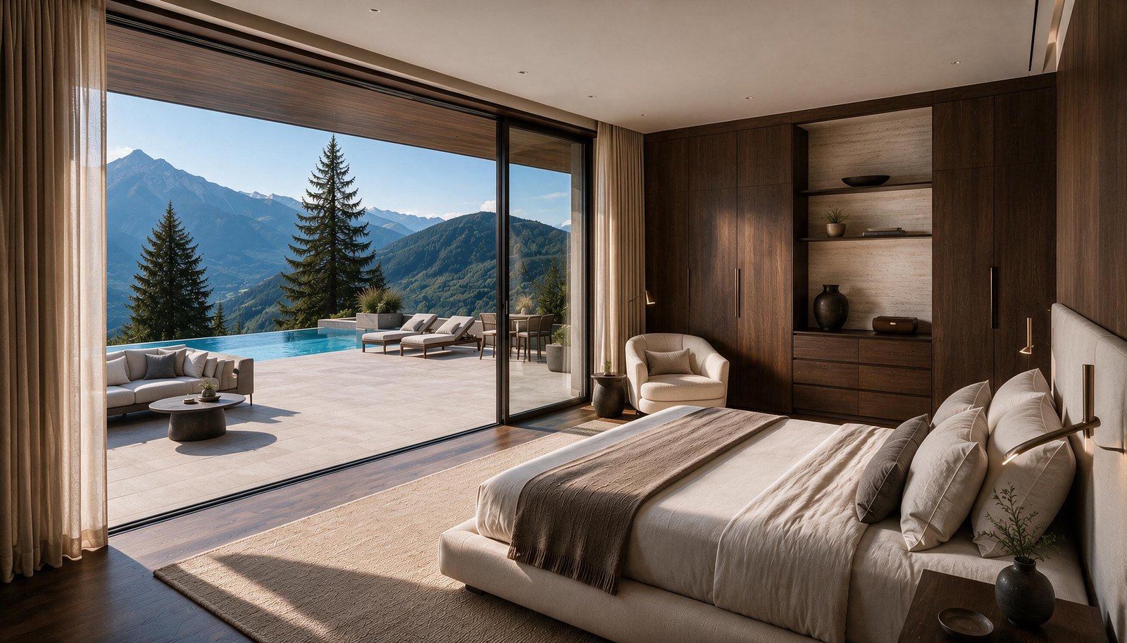 Hauptschlafzimmer mit Öffnung zu Terrasse und Pool