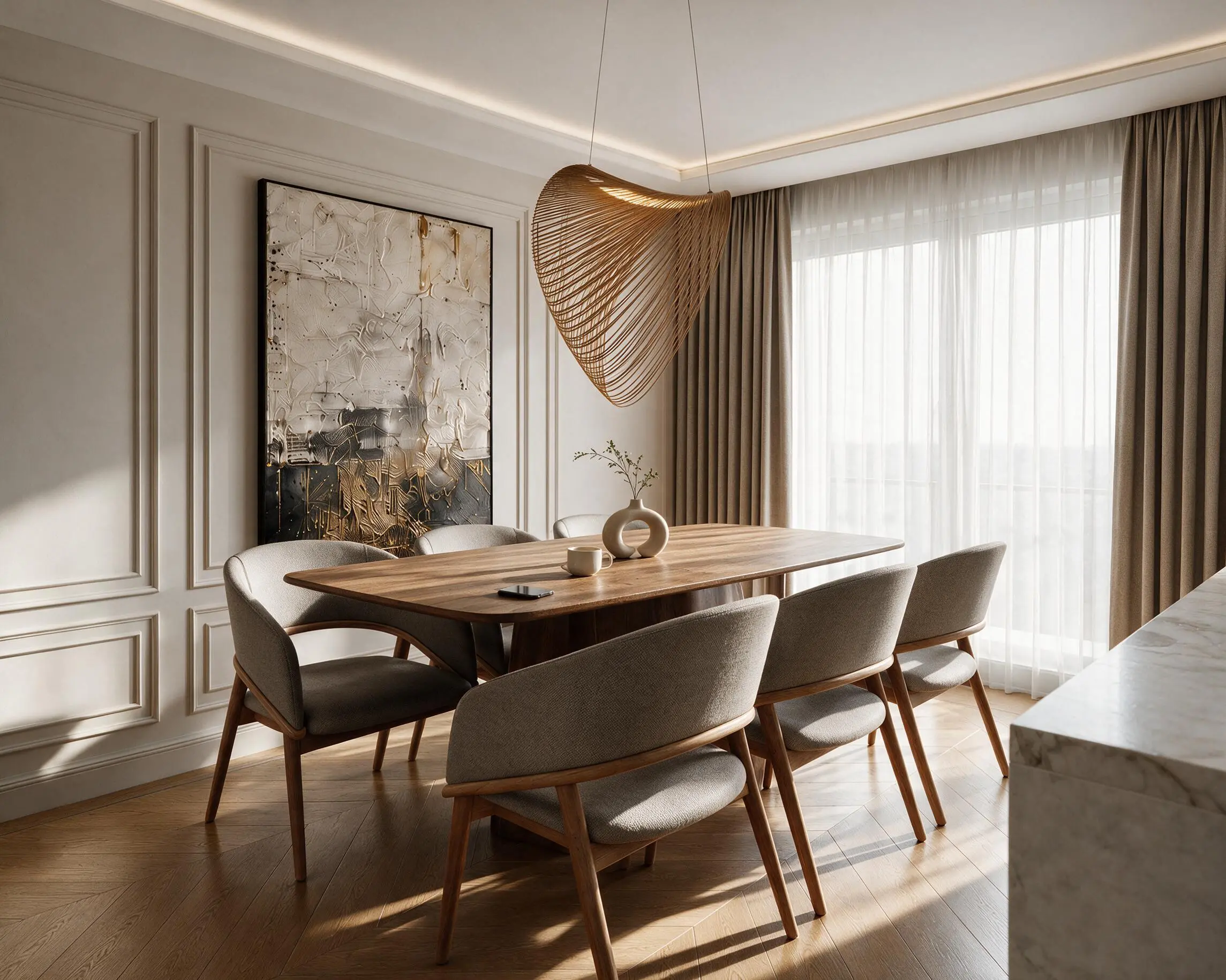 Dining room with wall panelling, sculptural pendant and warm natural light