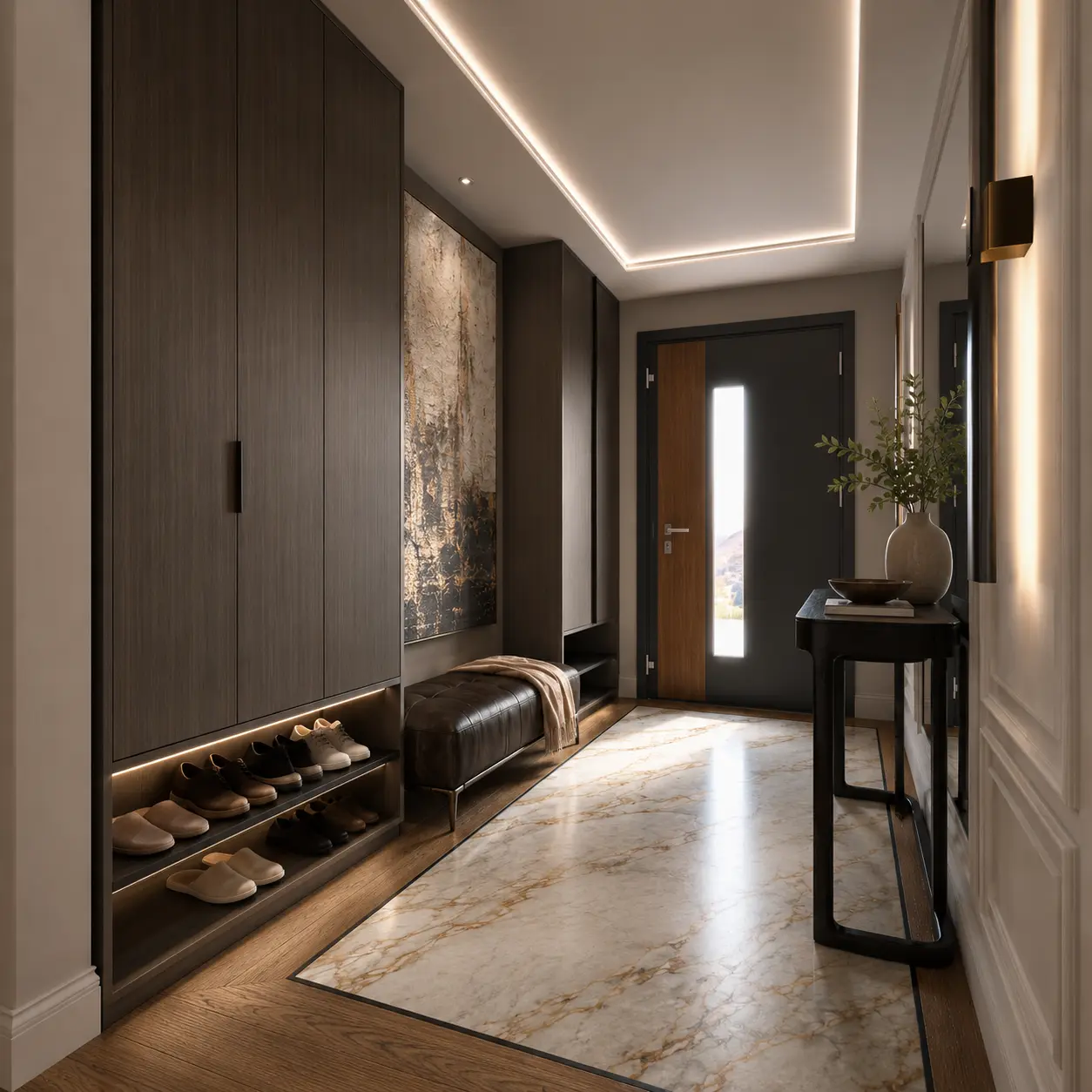 Entrance hall with dark timber joinery and integrated bench