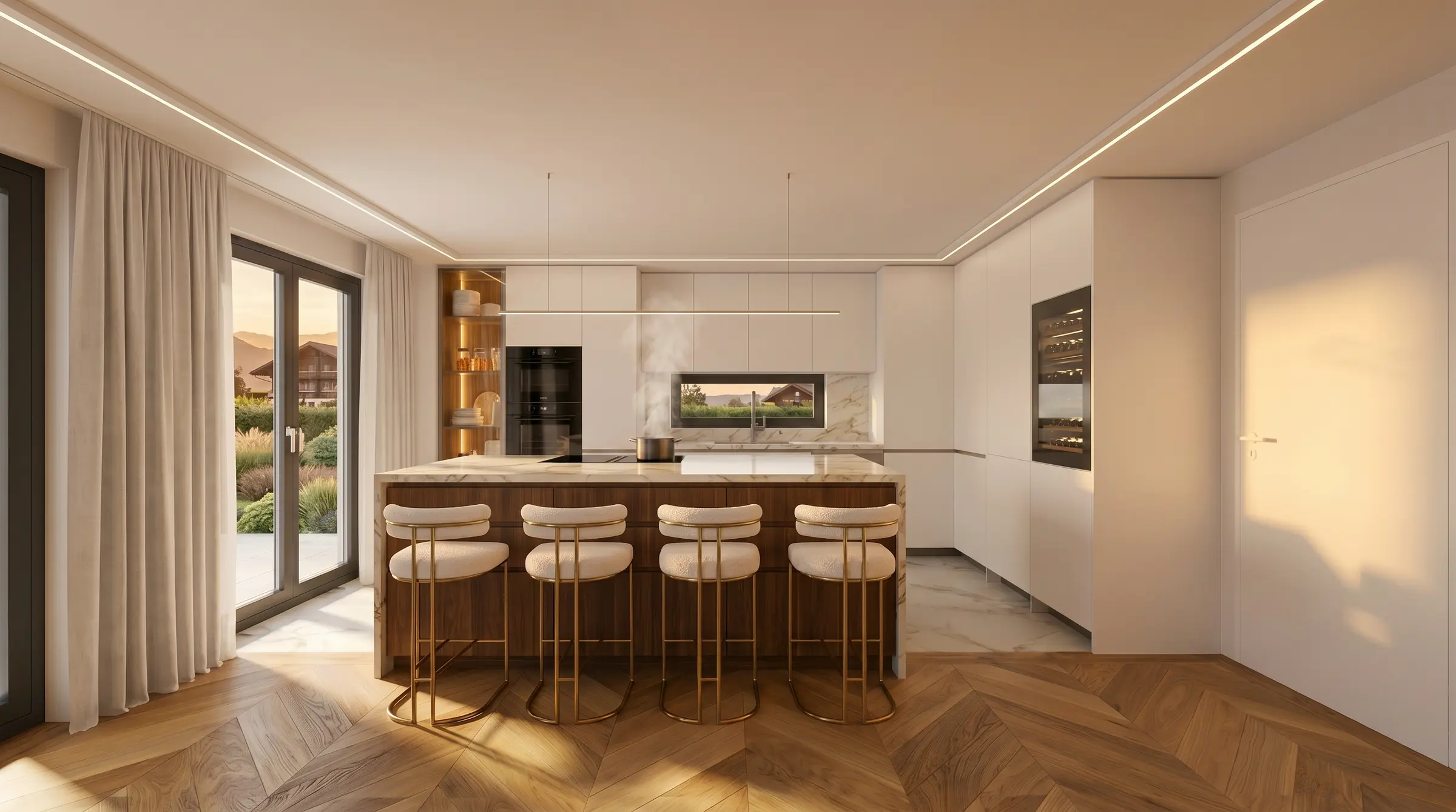 Open kitchen and dining area with marble island and oak floor