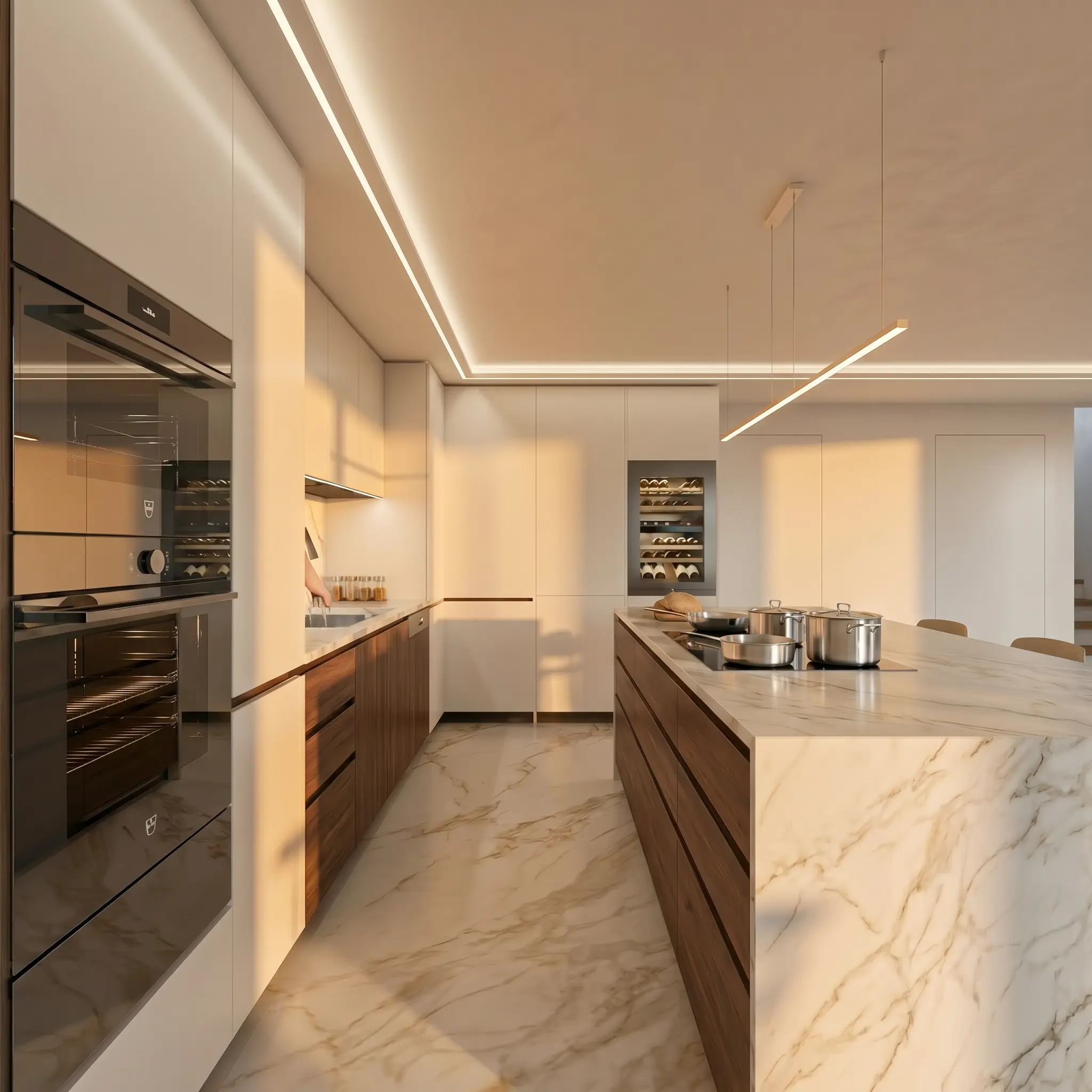 Kitchen with monolithic stone island and integrated appliances