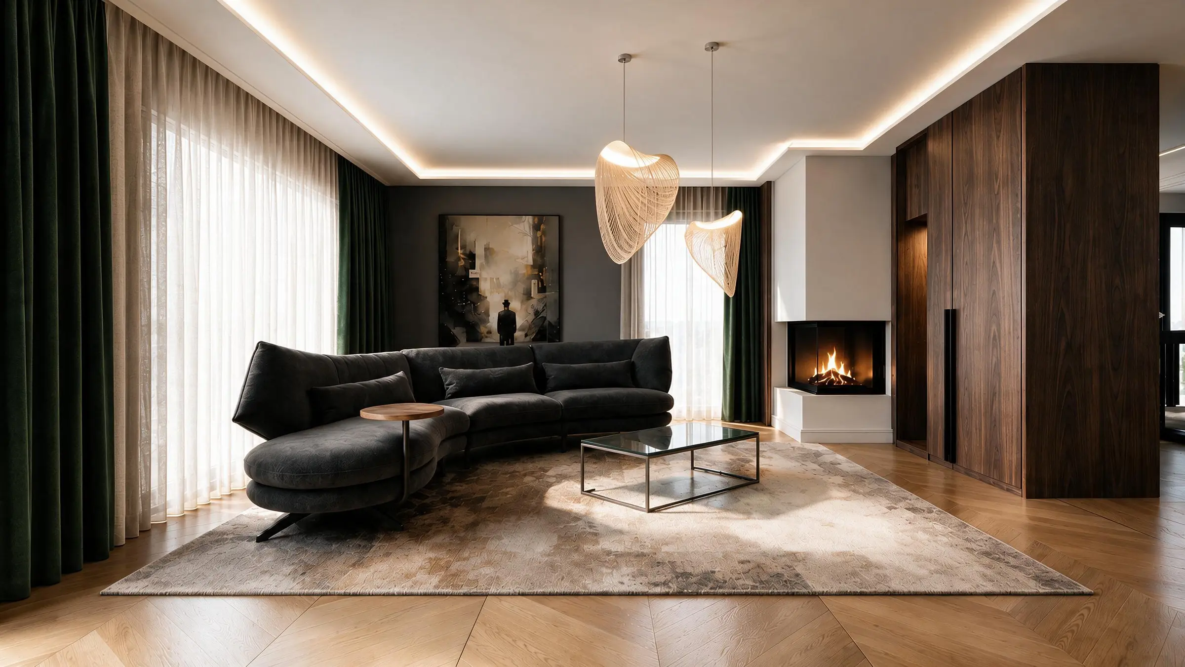 Dark-toned living room with sculptural seating and fireplace