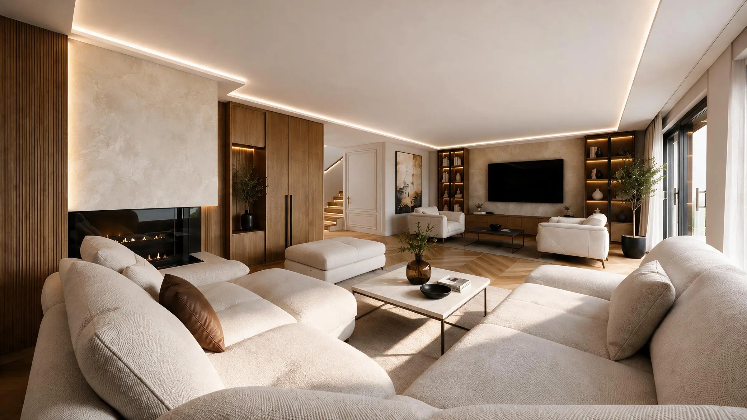 Living room with fireplace, bespoke media wall and layered seating