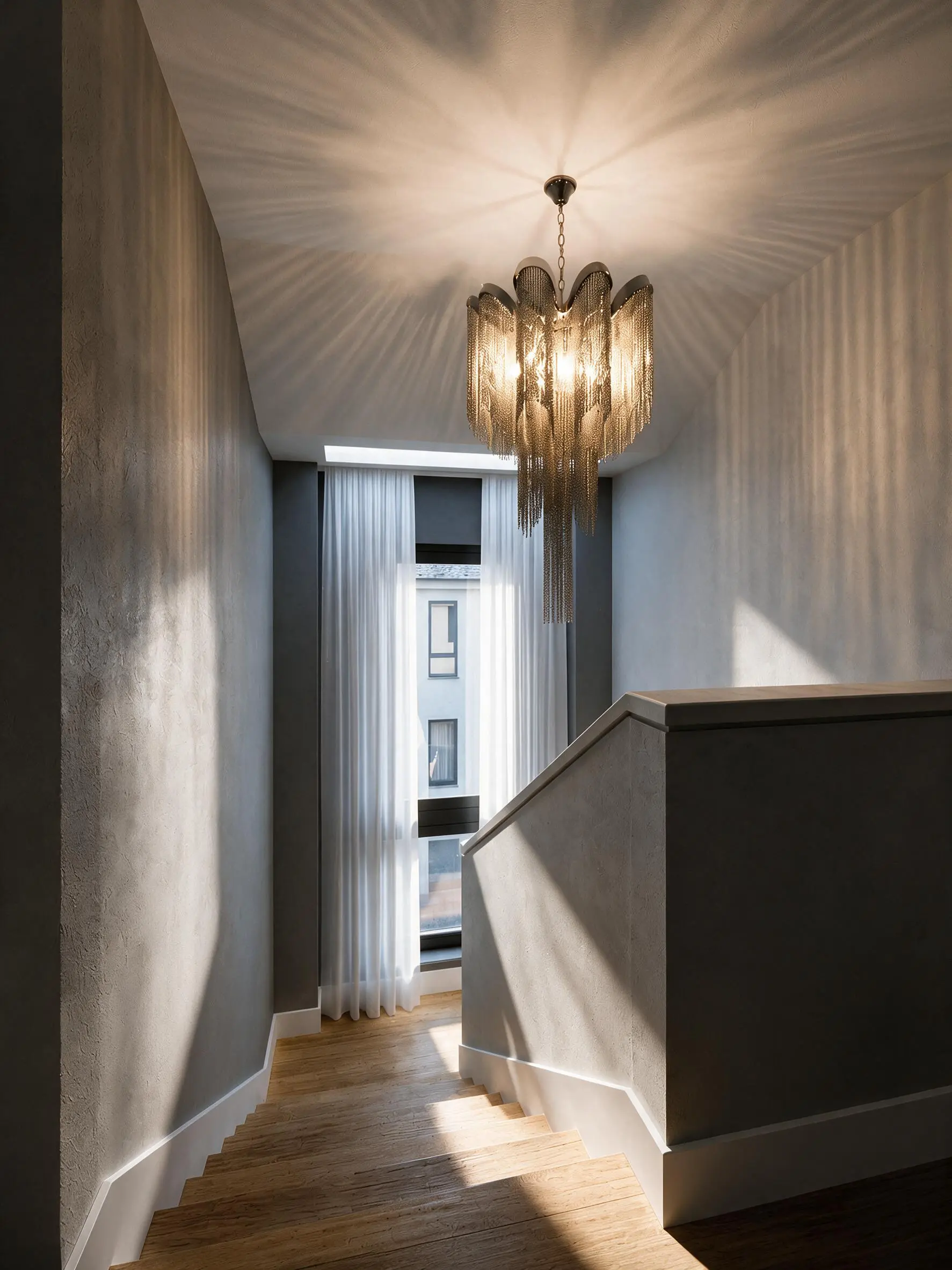 Stair hall with pendant light and filtered daylight