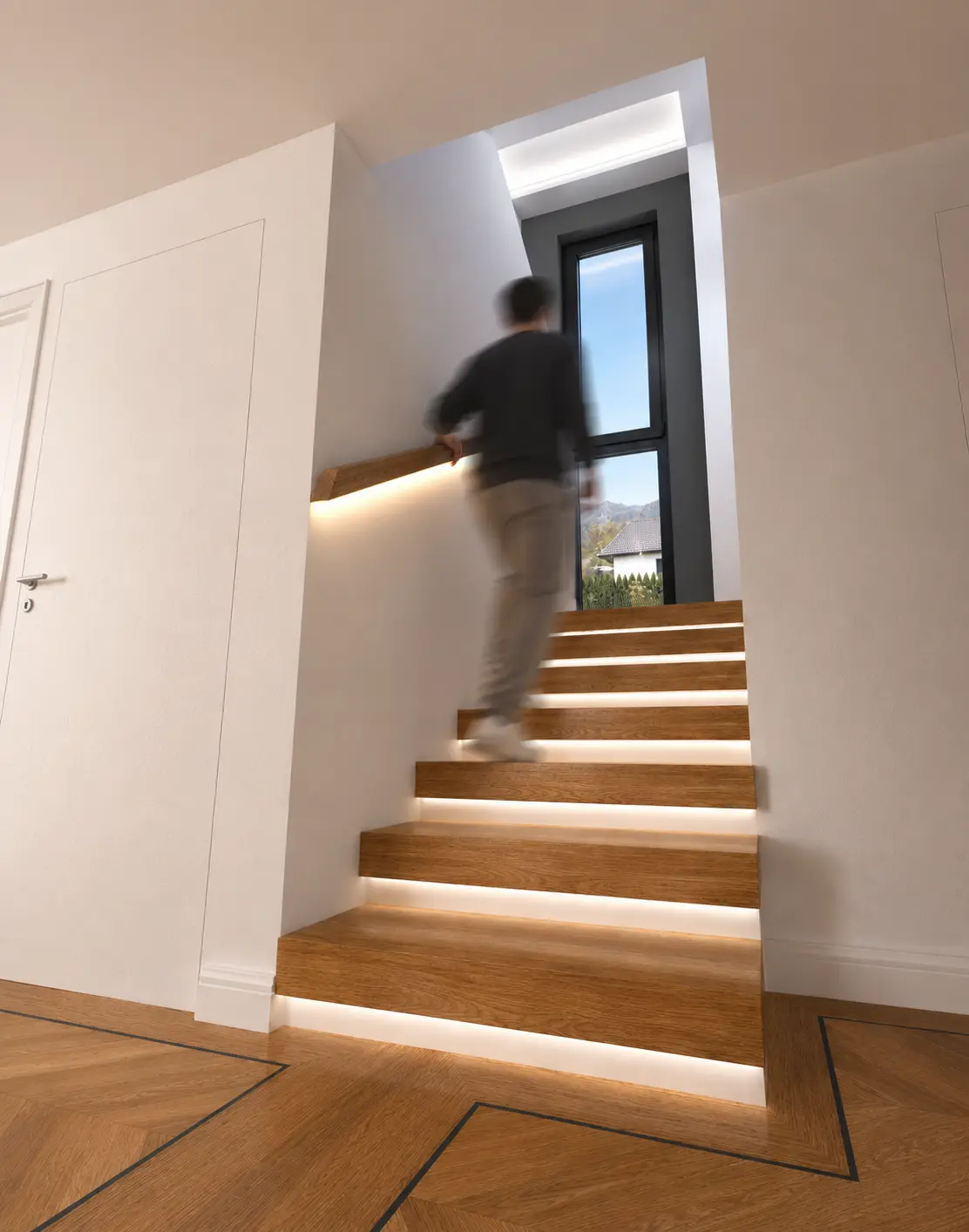Staircase with integrated step lighting