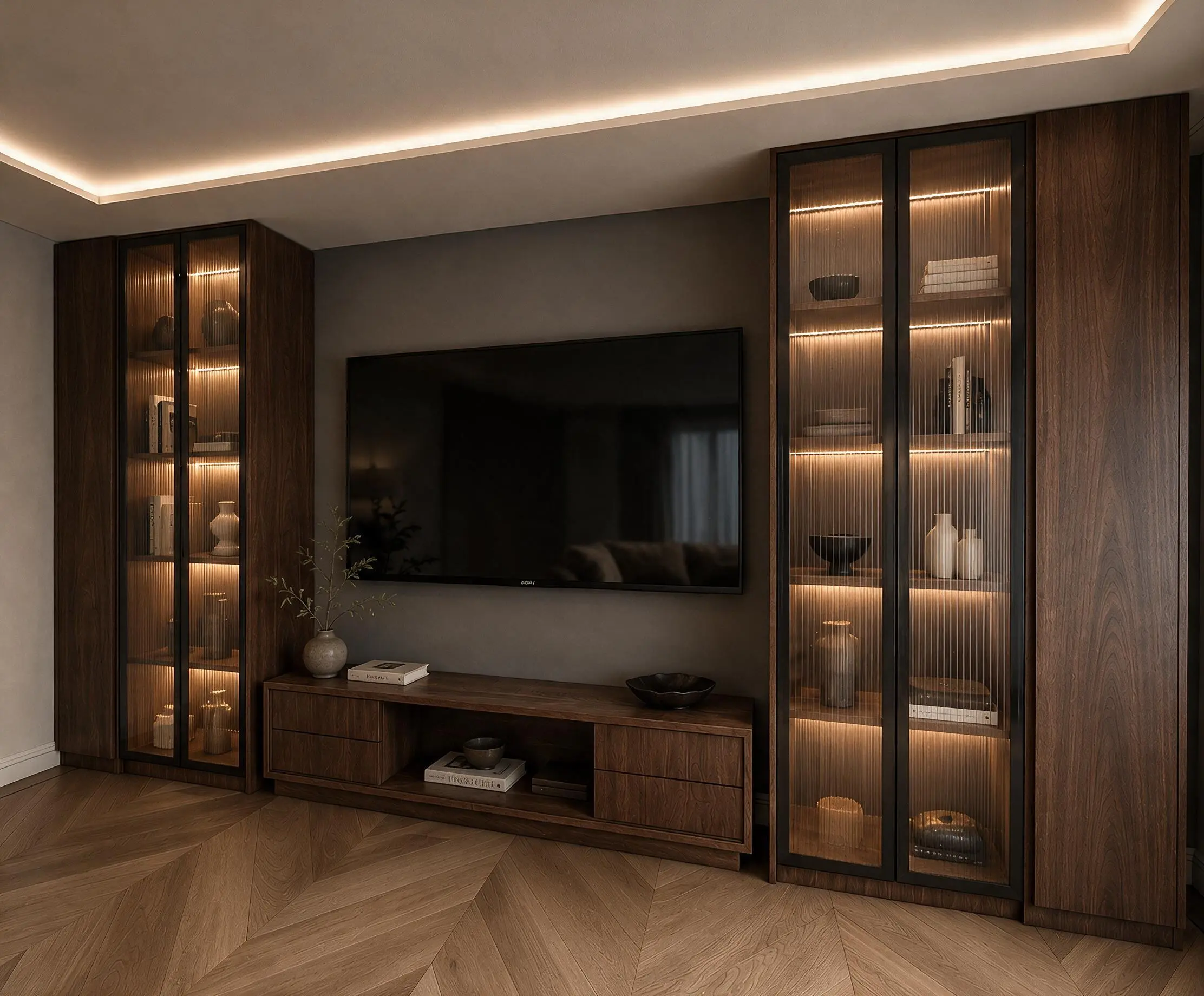Tailored walnut media wall with illuminated display cabinets