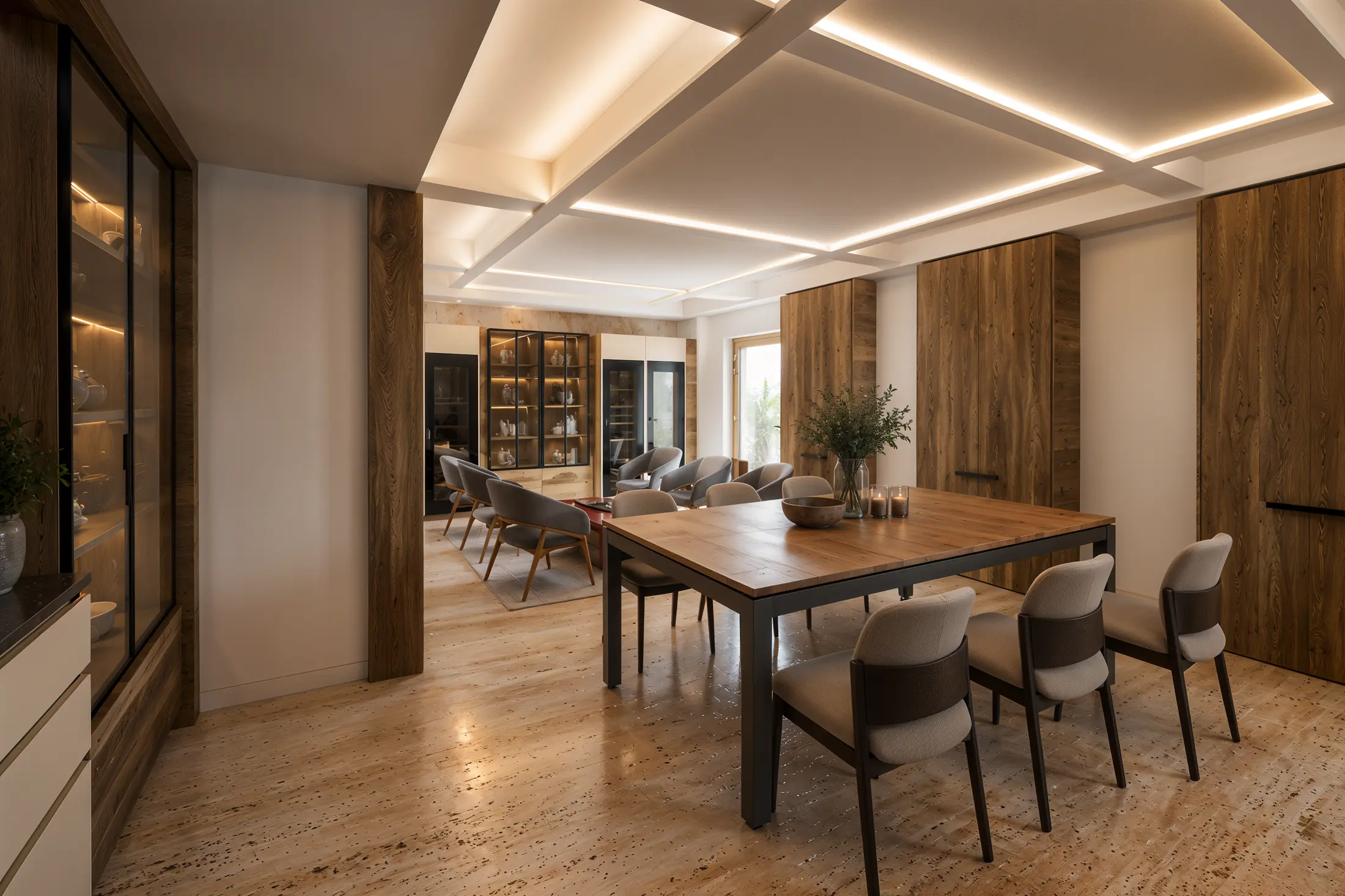 Lower-level dining room with timber joinery