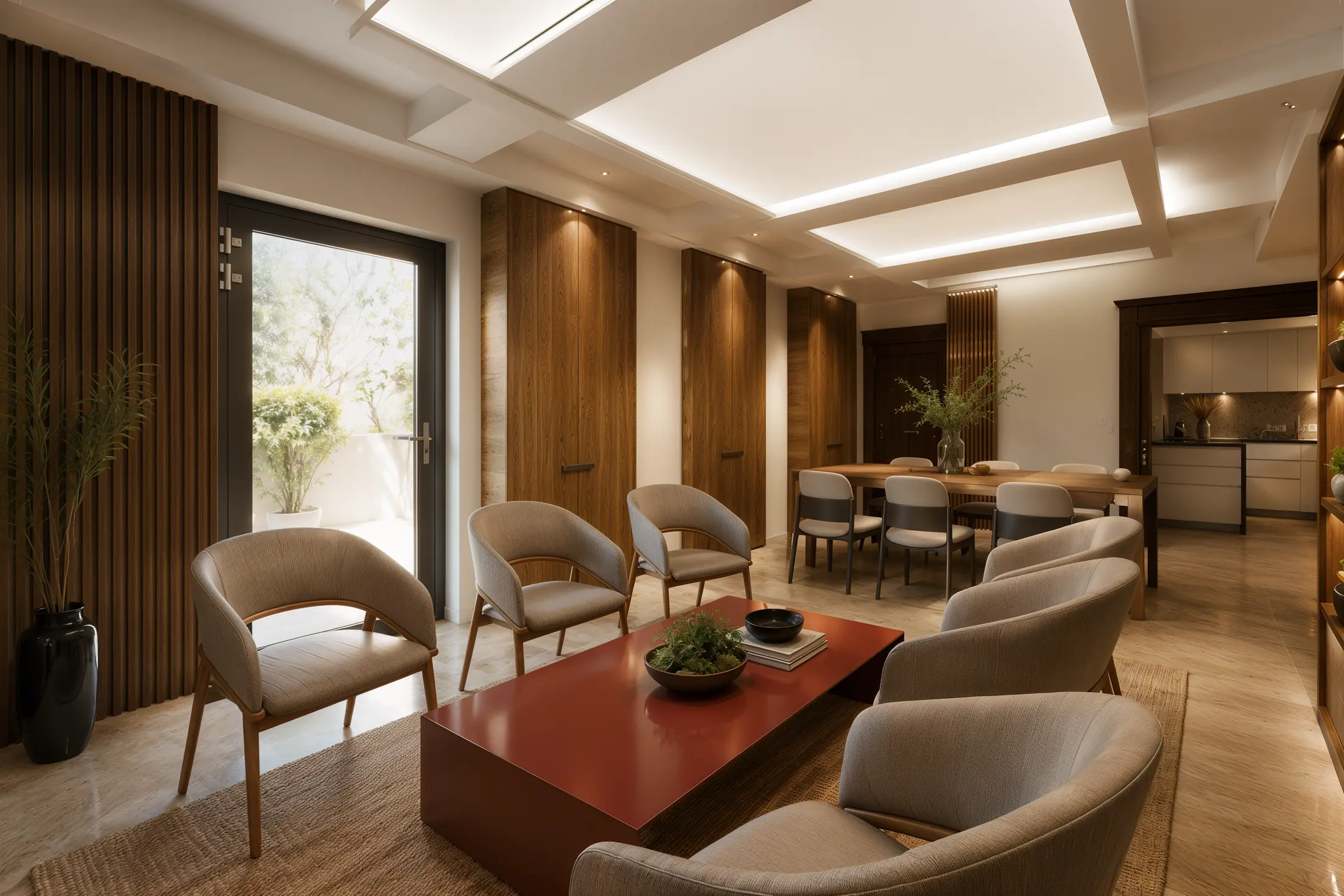Lower-level lounge with dining beyond