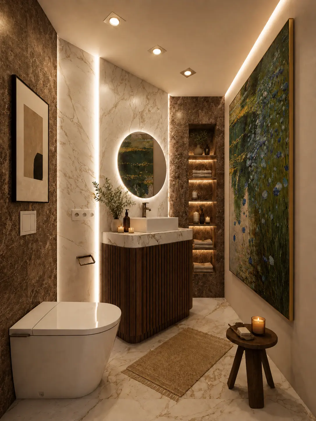 Guest bathroom with integrated illuminated mirror