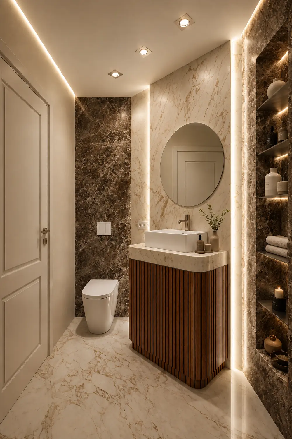 Guest bathroom with stone surfaces and integrated lighting