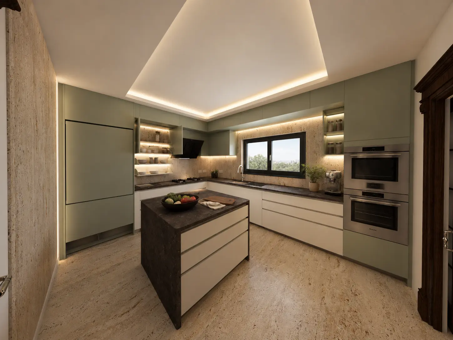 Kitchen with muted green cabinetry and central island