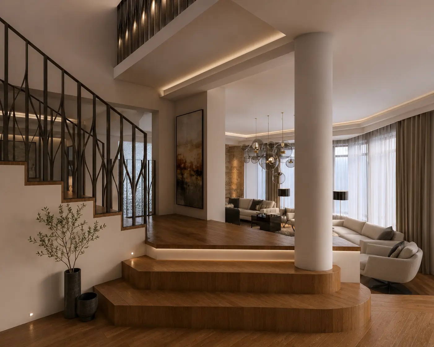Stair hall connecting the living spaces