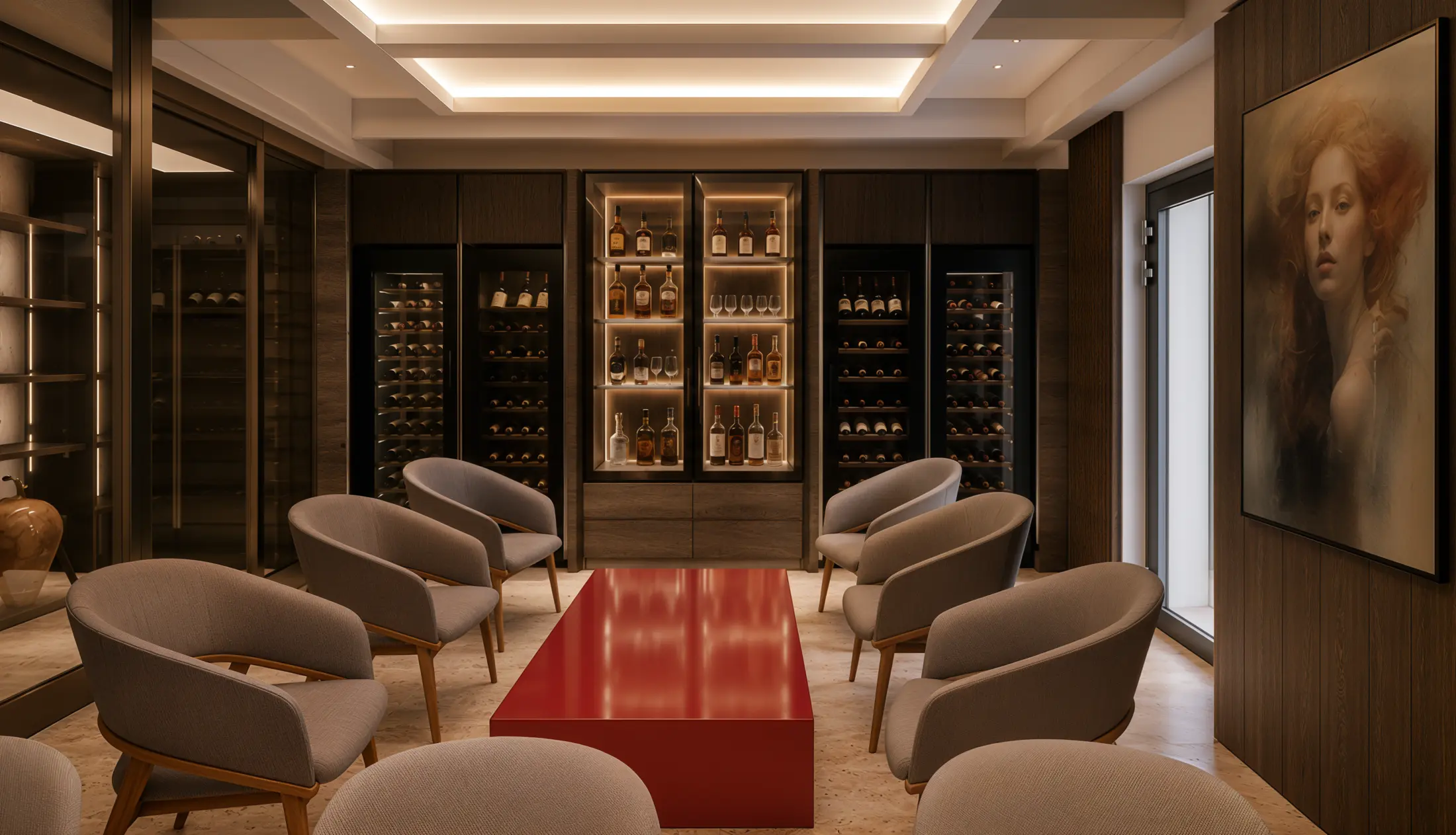 Wine lounge with illuminated display cabinetry