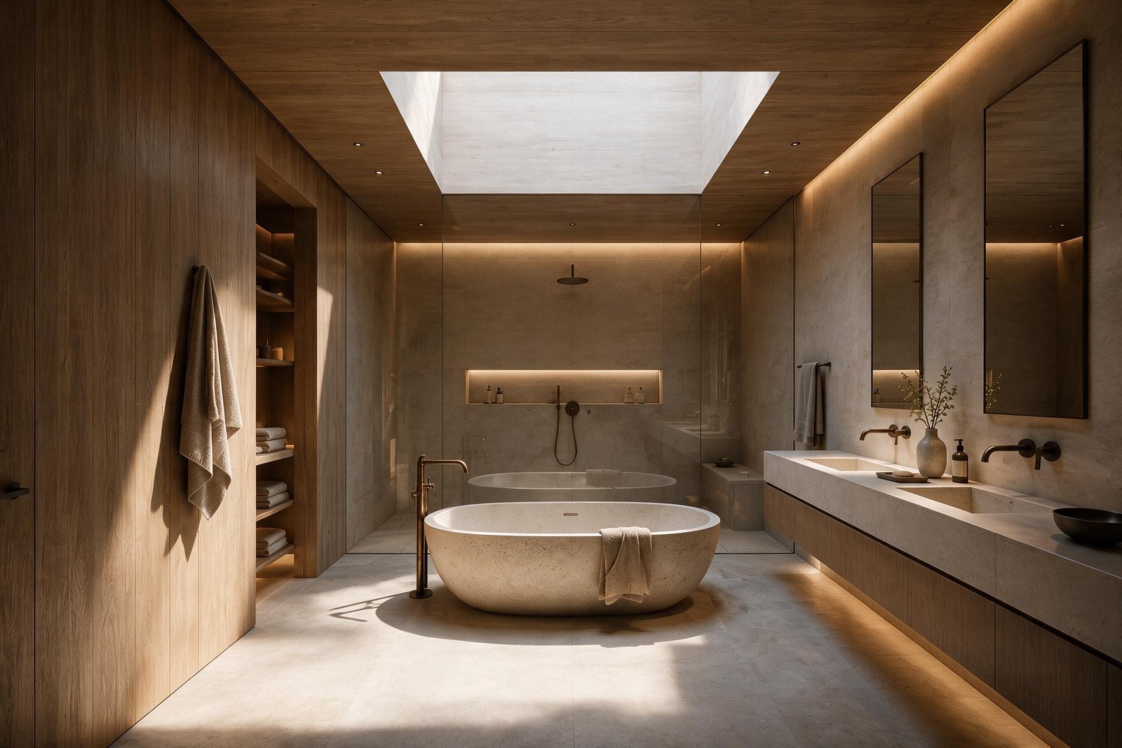 Bathroom with freestanding bath, stone surfaces and skylight
