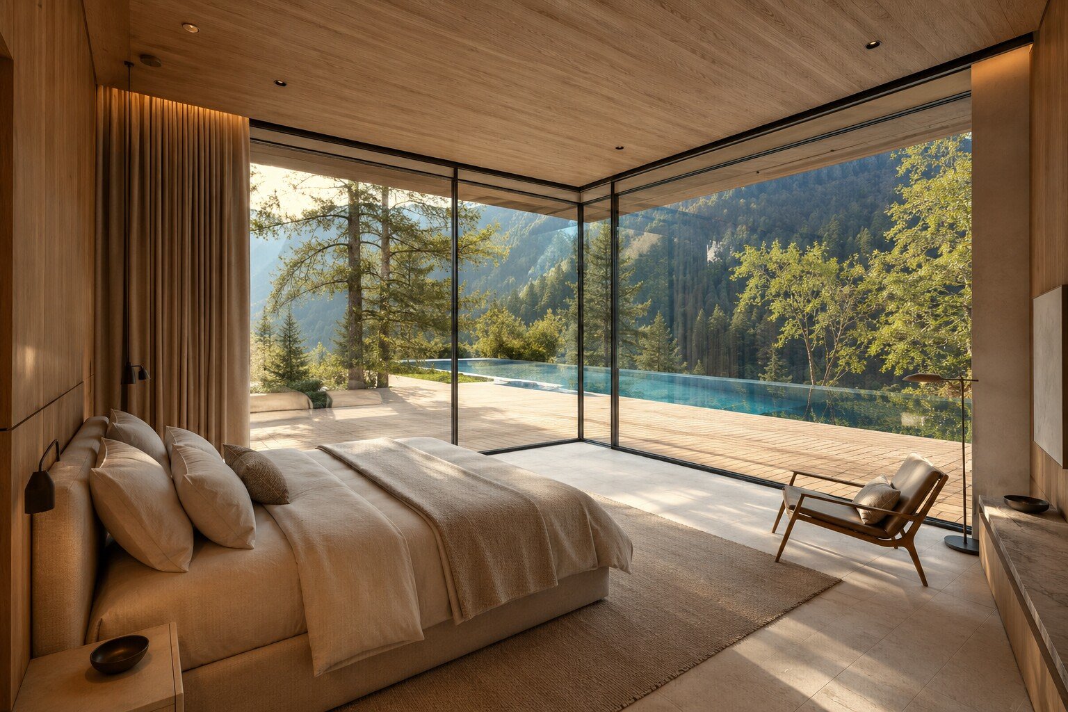 Principal bedroom opening towards a pool and mountain landscape