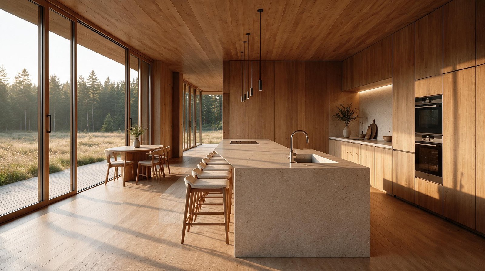 Oak kitchen with stone island and full-height glazing
