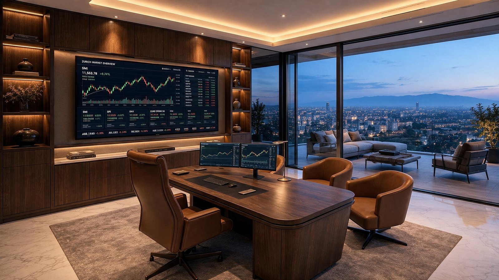 Privates Büro mit integrierten Marktanzeigen und Terrassenblick